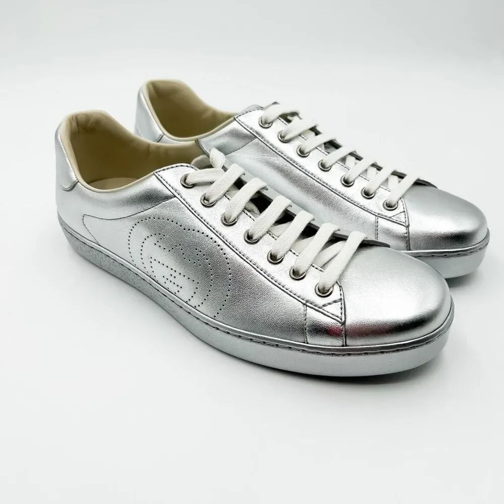 Gucci New GG Ace Silver Sneakers Interlocking G Trainers Mens